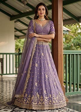 Lavender Organza Tissue Zari Embroidered Sequins Stones Beads Work Lehenga