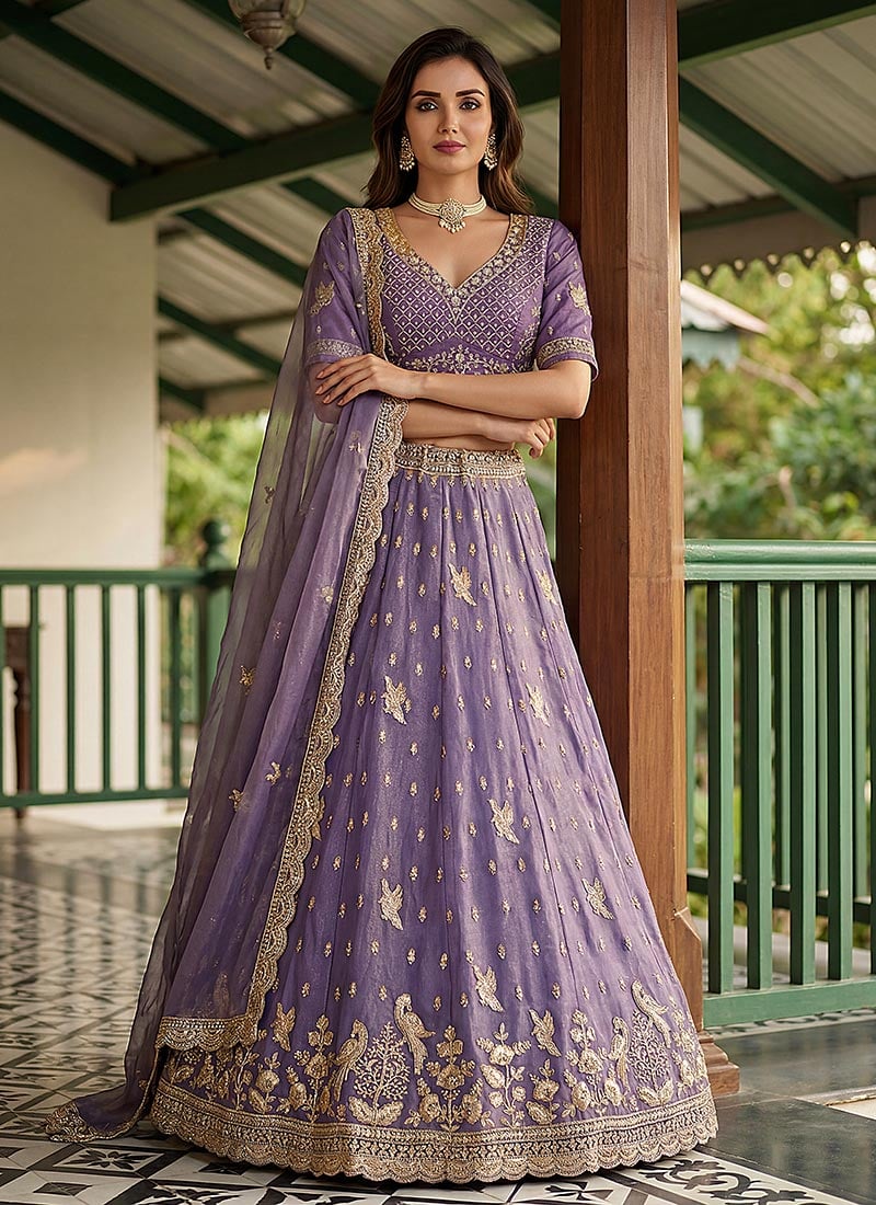 Lavender Organza Tissue Zari Embroidered Sequins Stones Beads Work Lehenga Wedding Wear