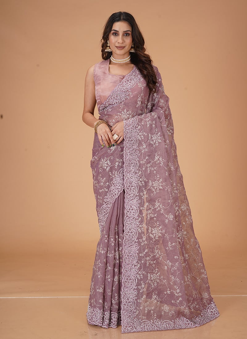 Lavender Organza Zari  Stone Work Saree Wedding Wear