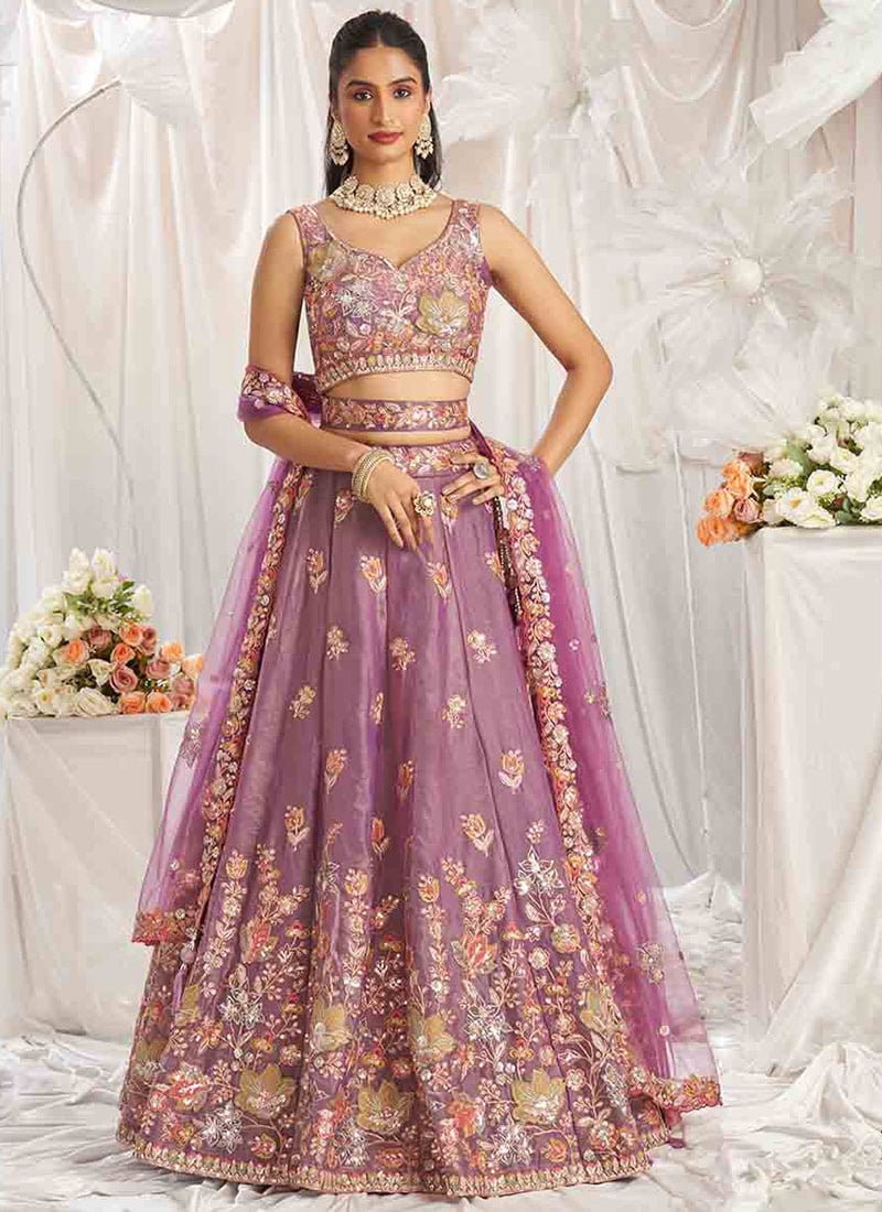 Lavender Organza Zari And Sequins Embroidered Umbrella Lehenga Wedding Wear