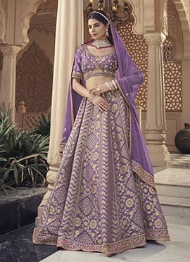 Lavender Organza Zari Embroidered Sequins Beads Work Jacquard Lehenga