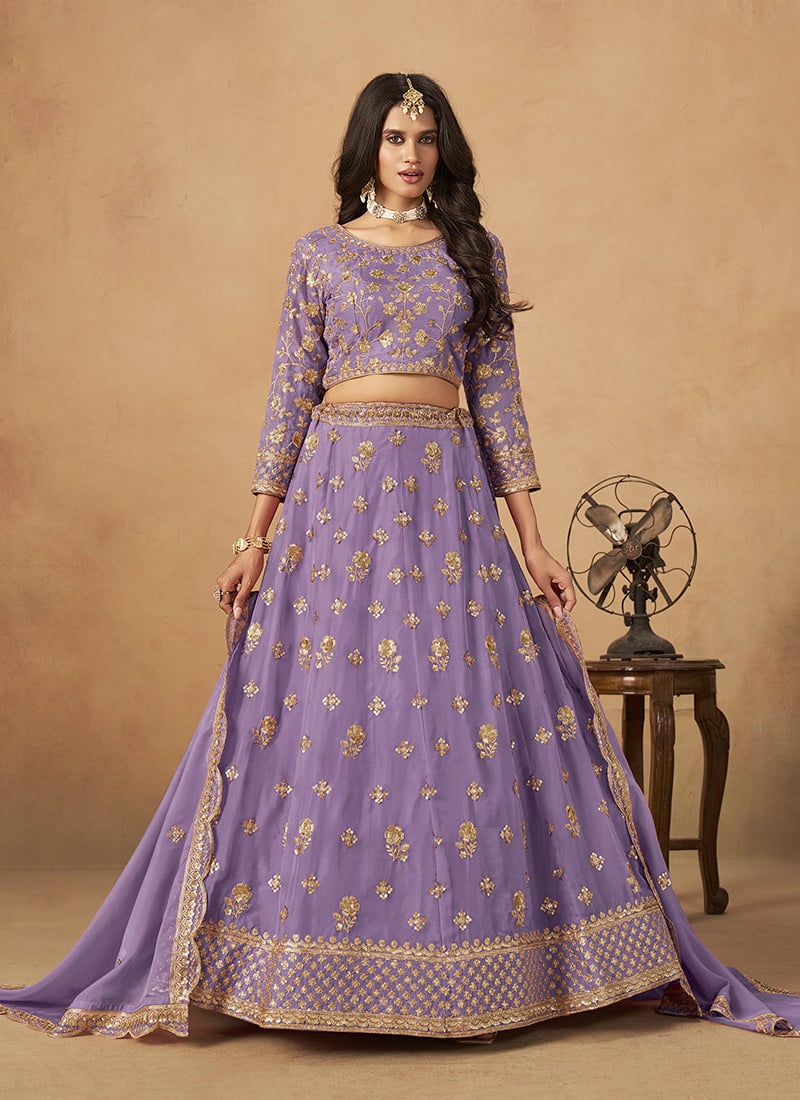 Lavender Organza Zari Embroidered Sequins Lehenga Set Wedding Wear