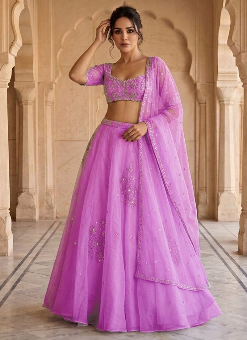 Lavender Organza Zari Sequins Hand Embroidered Cut Dana Lehenga Wedding Wear