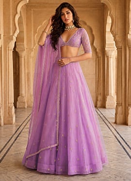 Lavender Organza Zari Sequins Hand Embroidered Lehenga