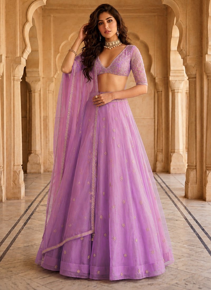 Lavender Organza Zari Sequins Hand Embroidered Lehenga Wedding Wear