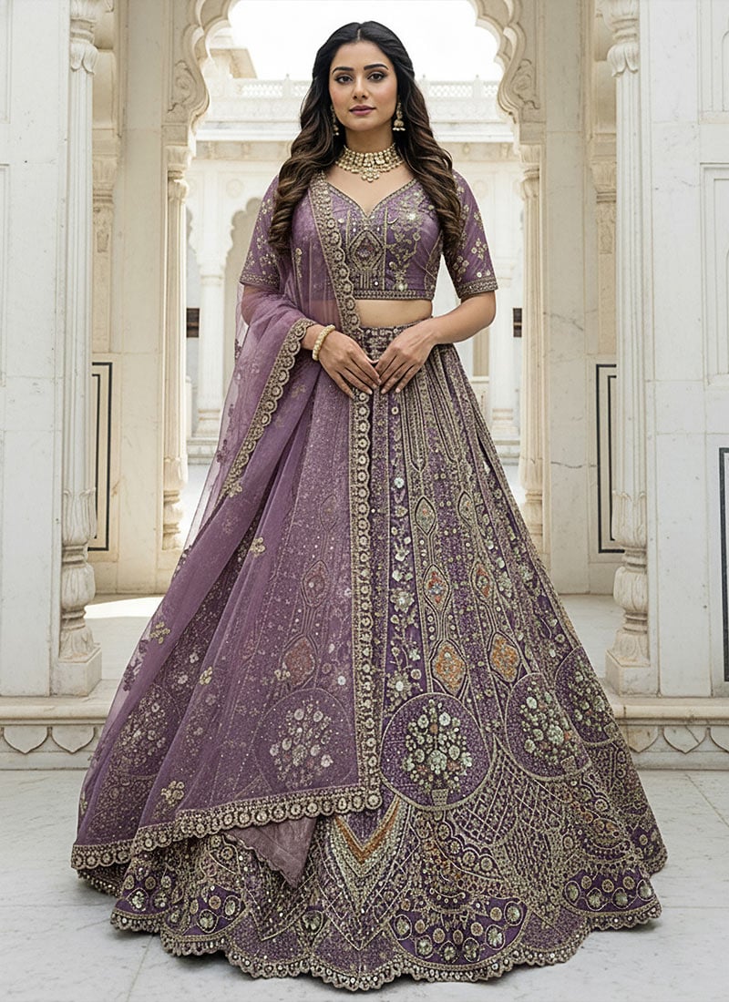 Lavender Organza Zari Sequins Stones Embroidered Thread Dori Umbrella Lehenga Wedding Wear