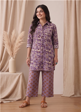 Lavender Printed Cotton Kurta Set