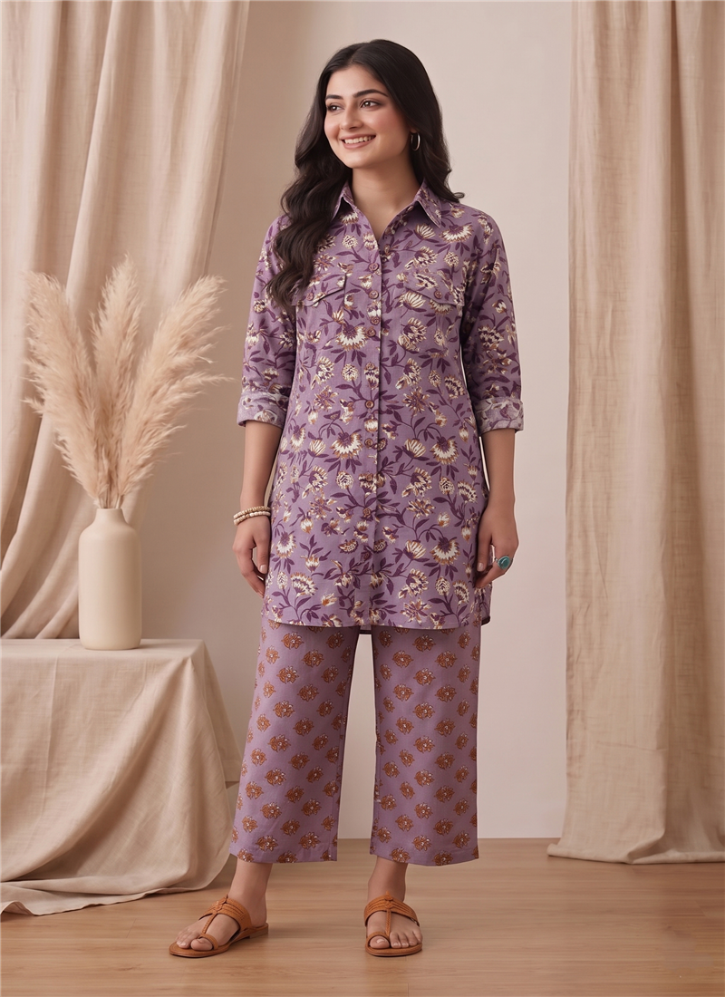Lavender Printed Cotton Kurta Set After Six Wear