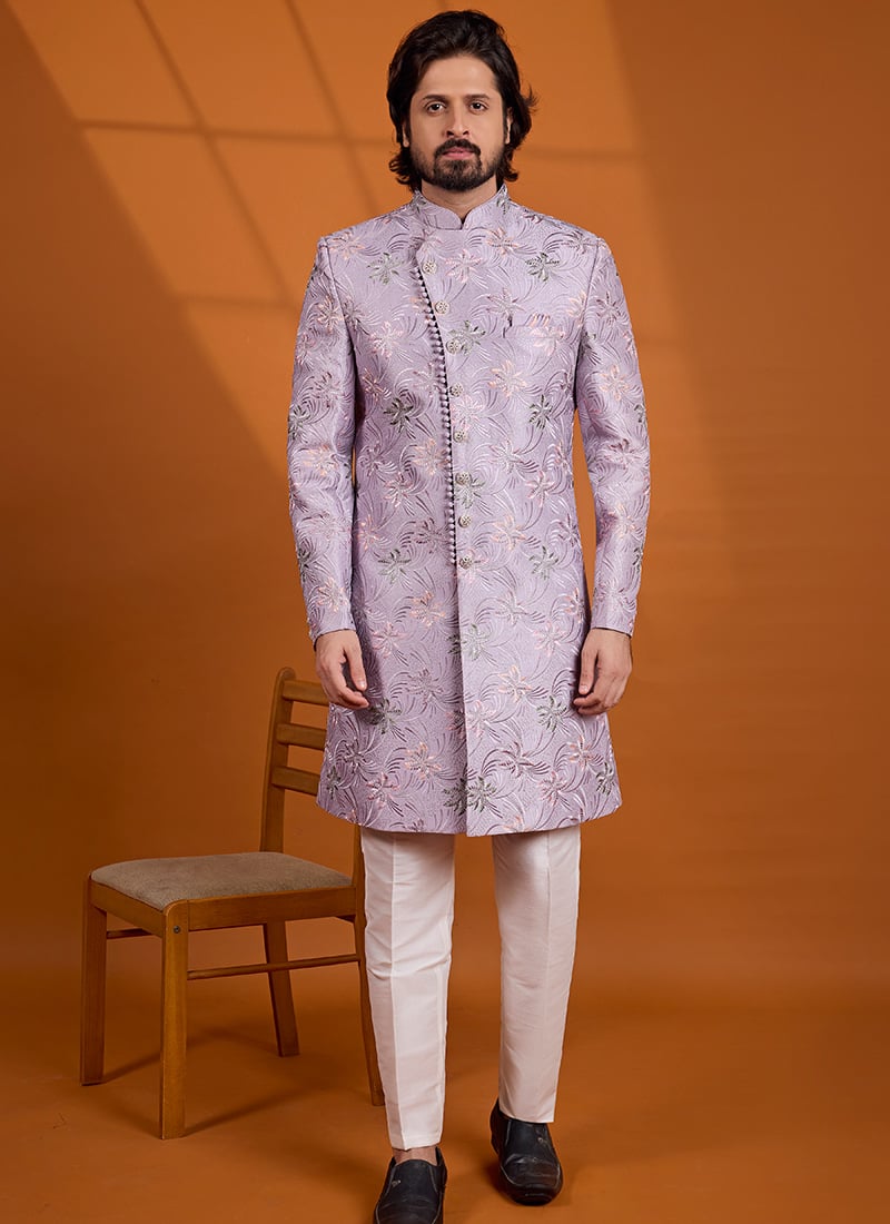 Lavender Printed Embroidered Silk Indo Western Sherwani Festive Wear