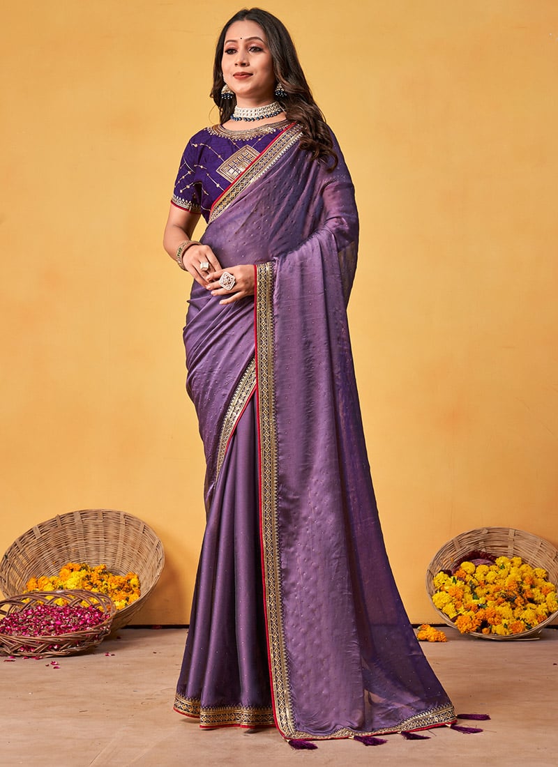 Lavender Rangoli Silk Embroidered Sequins Tikki Work Saree Festive Wear