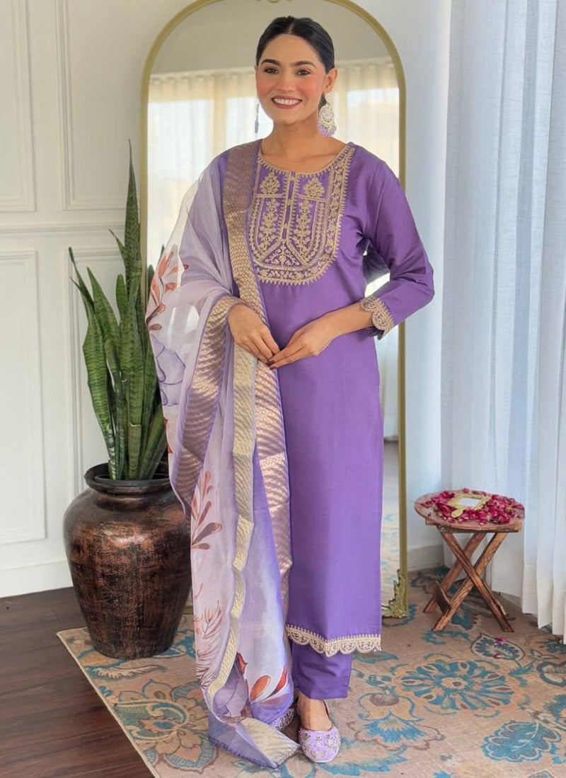 Lavender Rayon Embroidered Sequins Straight Pant Suit With Digital Print Dupatta Festive Wear