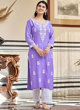 Lavender Rayon Embroidered Kurta Straight Pant Set