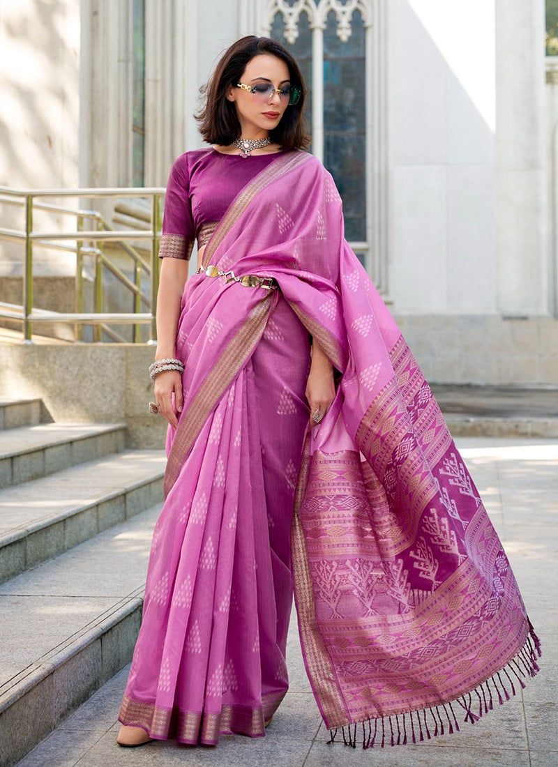 Lavender Rayon Silk Zari Woven Saree Festive Wear