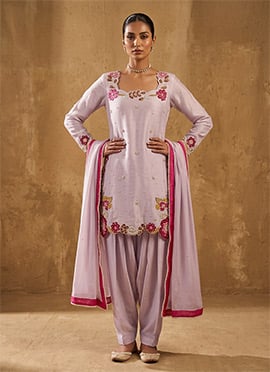 Lavender Resham Hand Embroidered Pearl Work Satin Salwar Suit