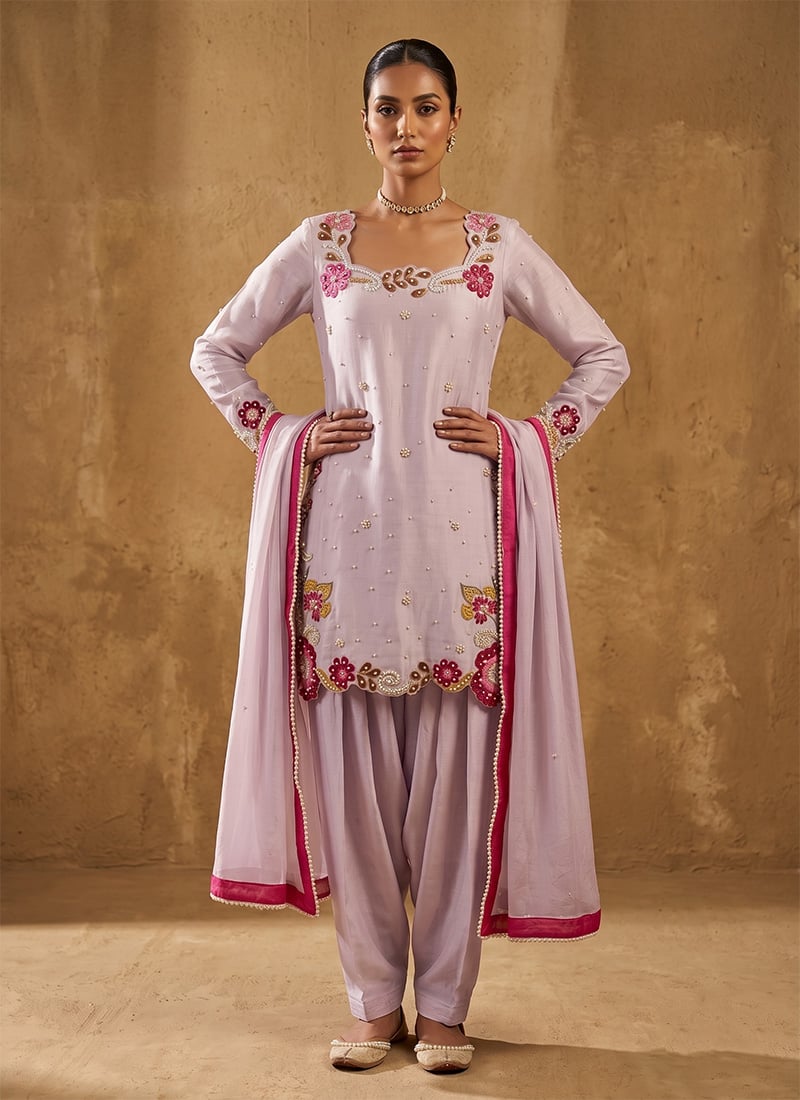 Lavender Resham Hand Embroidered Pearl Work Satin Salwar Suit Festive Wear