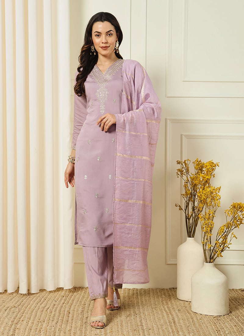 Lavender Roman Silk Embroidered Straight Pant Suit Festive Wear