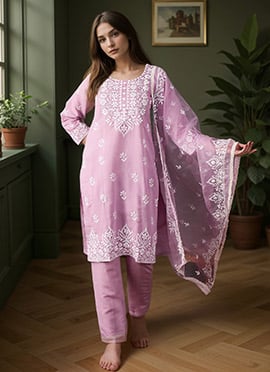 Lavender Roman Silk Embroidered Straight Pant Suit