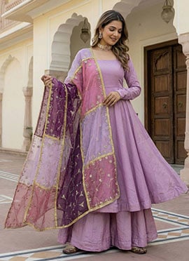 Lavender Roman Silk Sequins Anarkali Suit