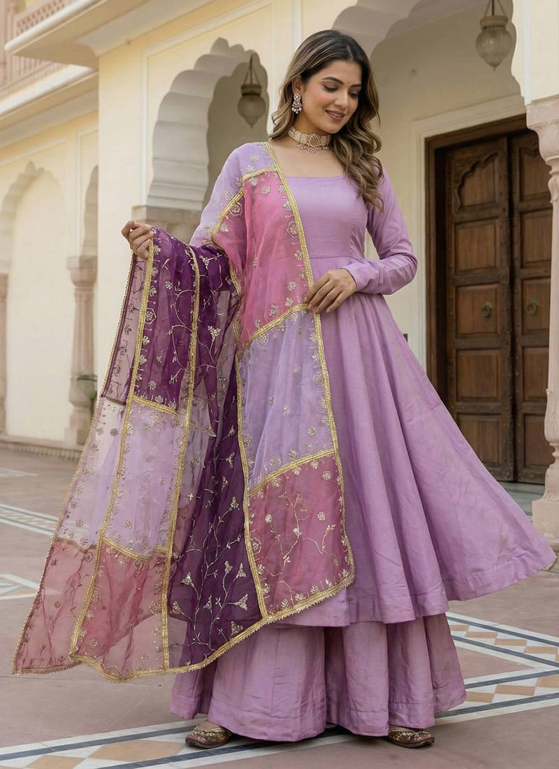 Lavender Roman Silk Sequins Anarkali Suit Festive Wear