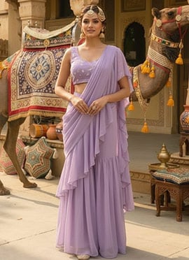 Lavender Ruffled Pre Draped Sharara Style Saree with Beads Embellished Blouse