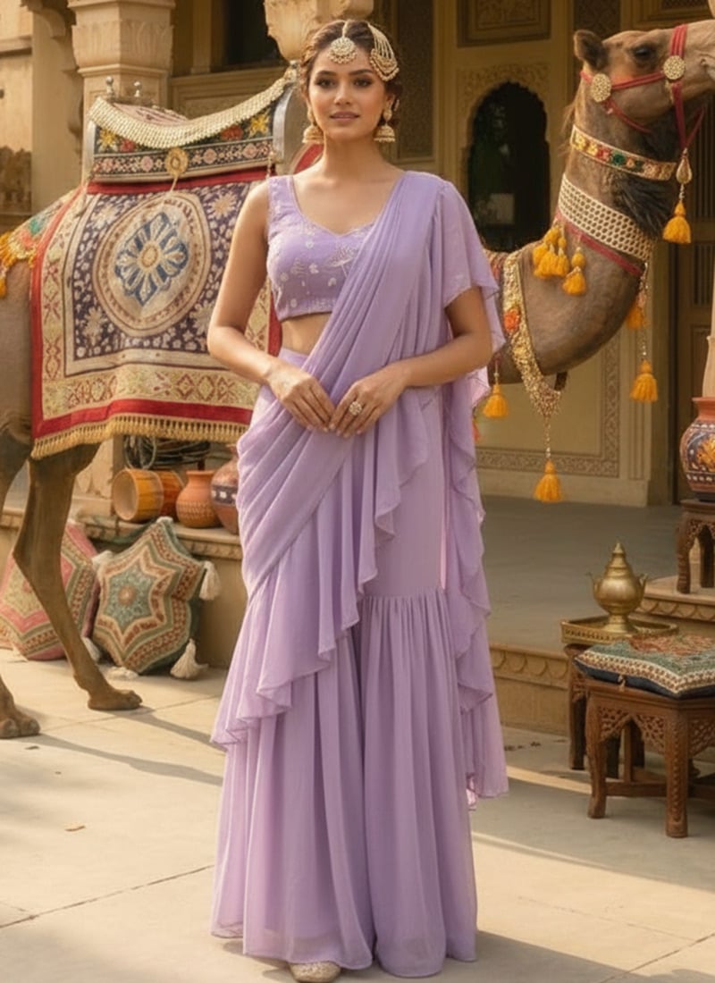 Lavender Ruffled Pre Draped Sharara Style Saree with Beads Embellished Blouse Wedding Wear