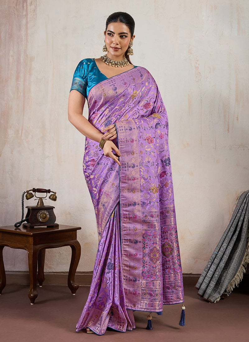 Lavender Satin Blend Zari Saree Festive Wear