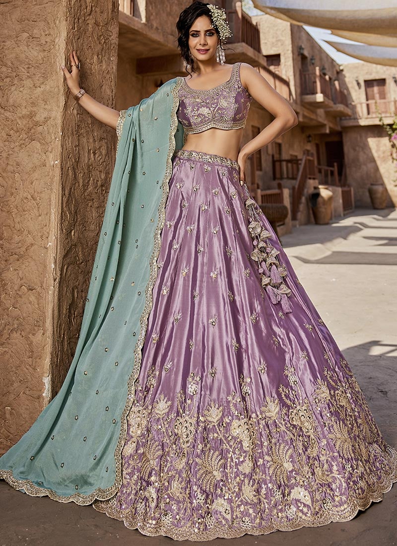 Lavender Satin Embroidered Sequins Lehenga Wedding Wear