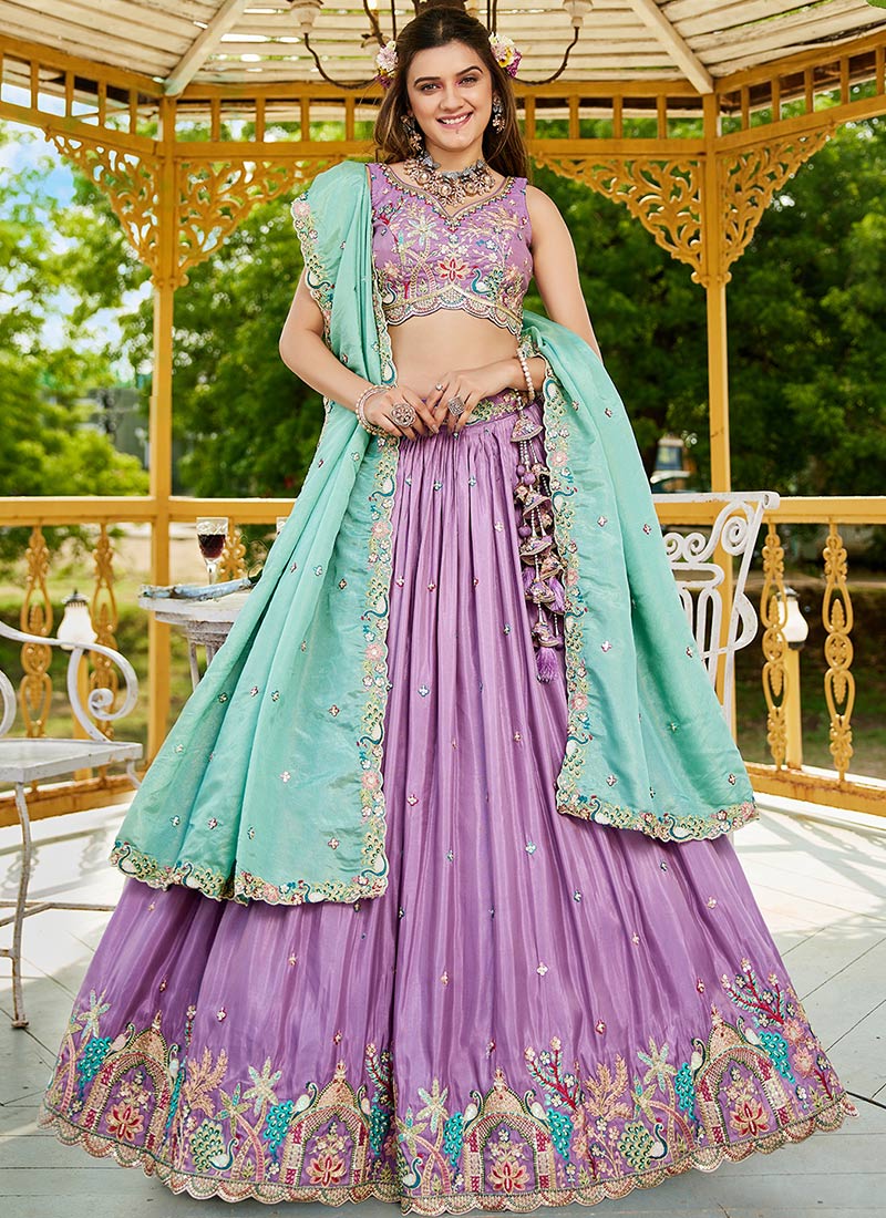 Lavender Satin Embroidered Sequins Lehenga Wedding Wear