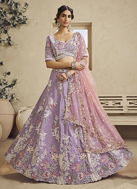 Lavender Satin Sequins Embroidered Umbrella Lehenga Wedding Wear