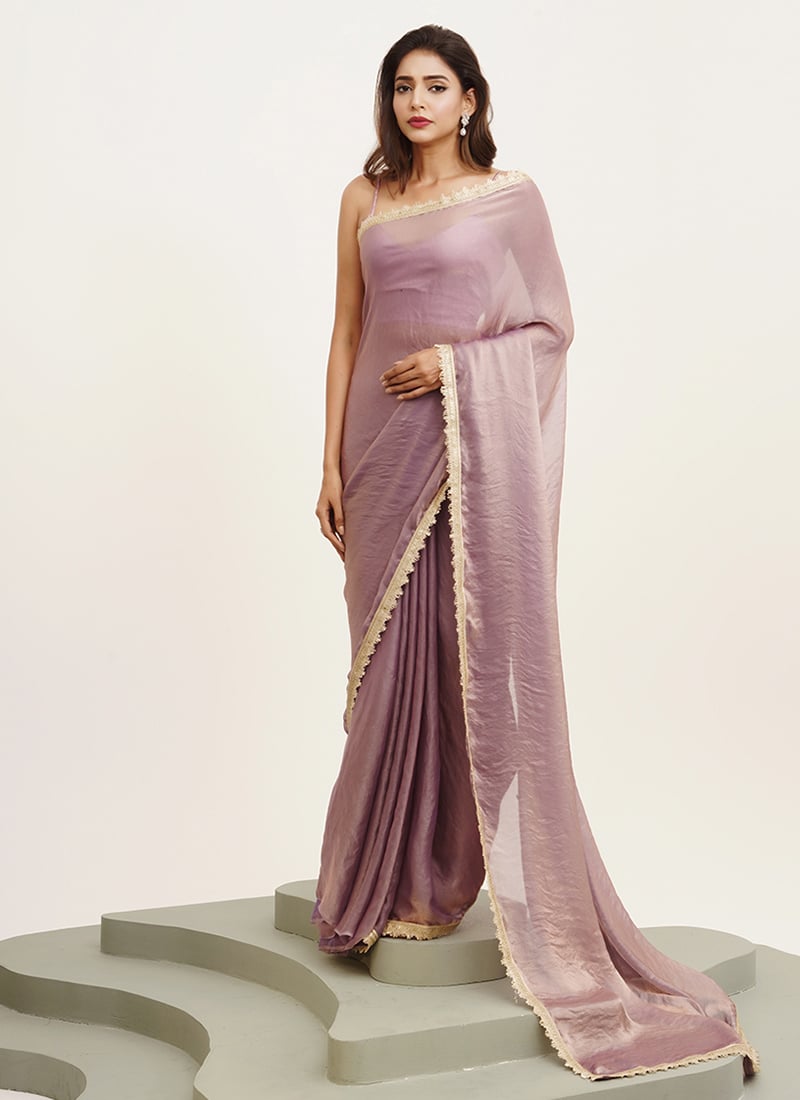 Lavender Satin Sequins Saree After Six Wear