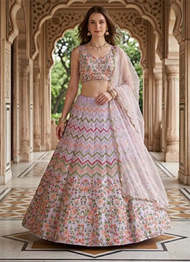 Lavender Satin Silk Embroidery Sequins Lehenga