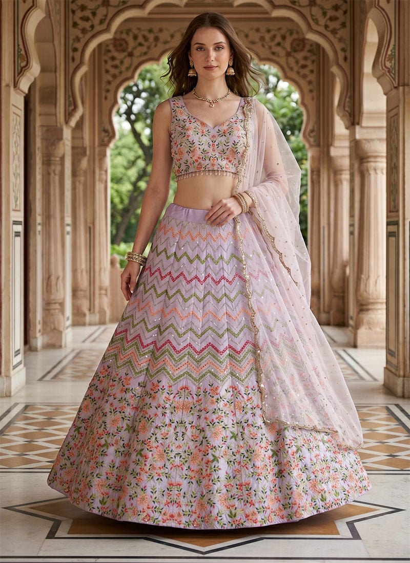 Lavender Satin Silk Embroidery Sequins Lehenga Wedding Wear
