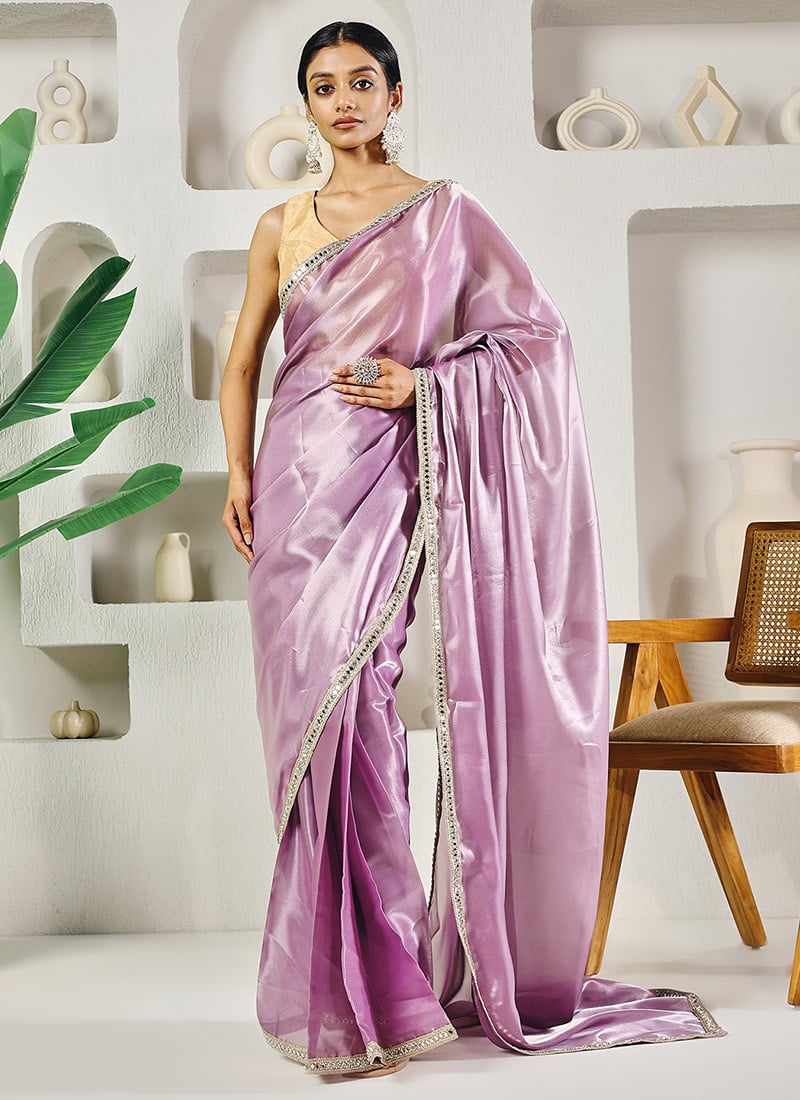Lavender Satin Silk Mirror Work Saree After Six Wear