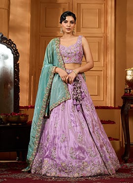 Lavender Satin Silk Sequins Beads Stones Embroidered Cut Work Umbrella Lehenga Wedding Wear