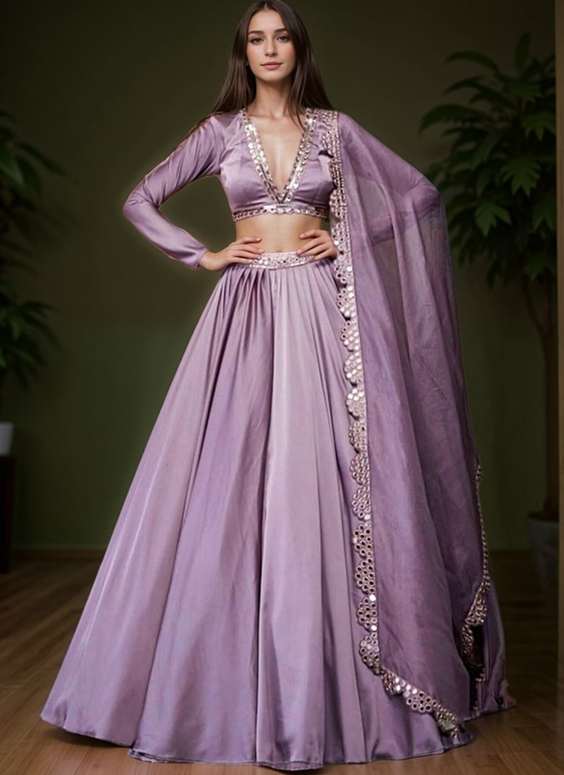 Lavender Satin Silk Hand Embroidered Zari And Mirror Work Lehenga Wedding Wear