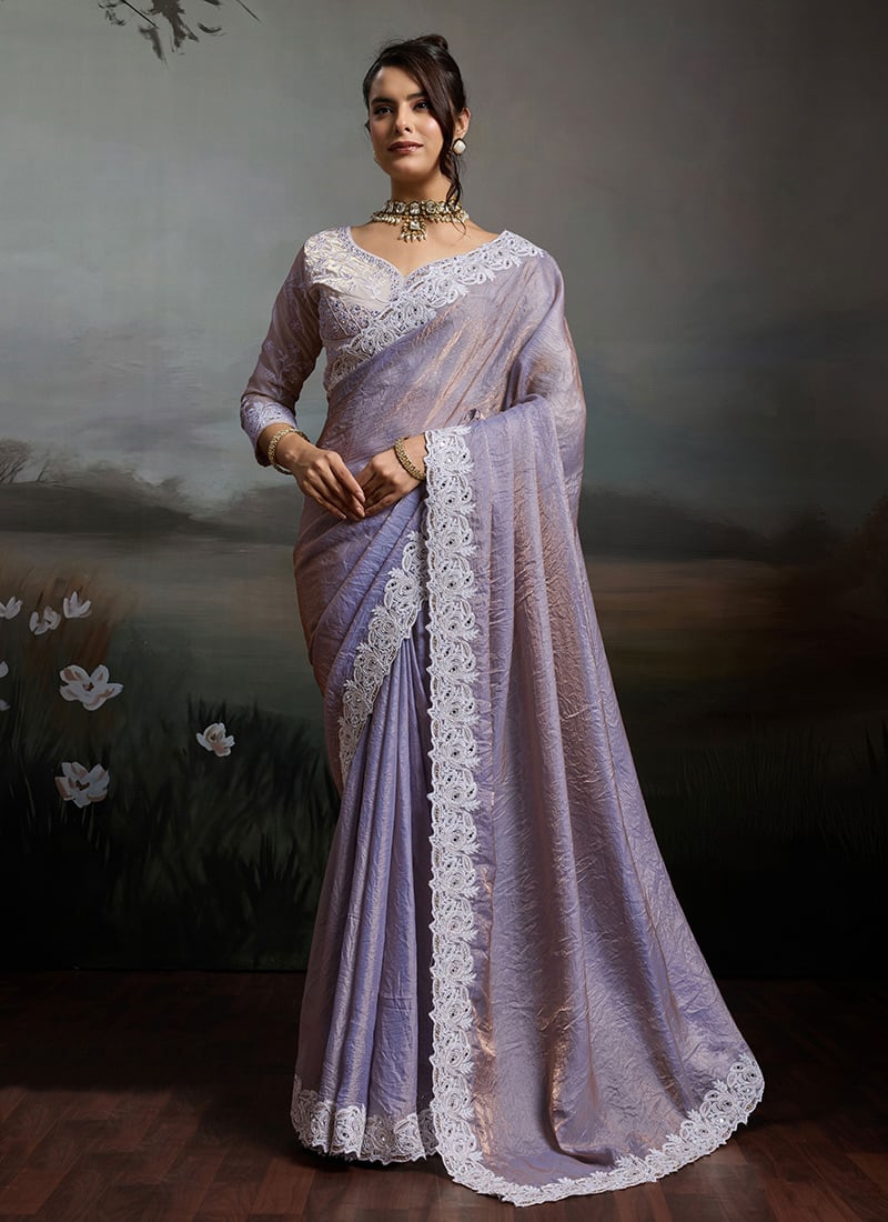 Lavender Satin Velvet Silk Zarkan Embroidered With Mirror Work Border Saree After Six Wear