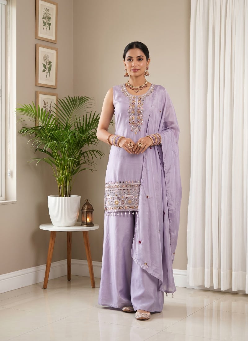 Lavender Sequins Embroidered Chinon Palazzo Suit After Six Wear