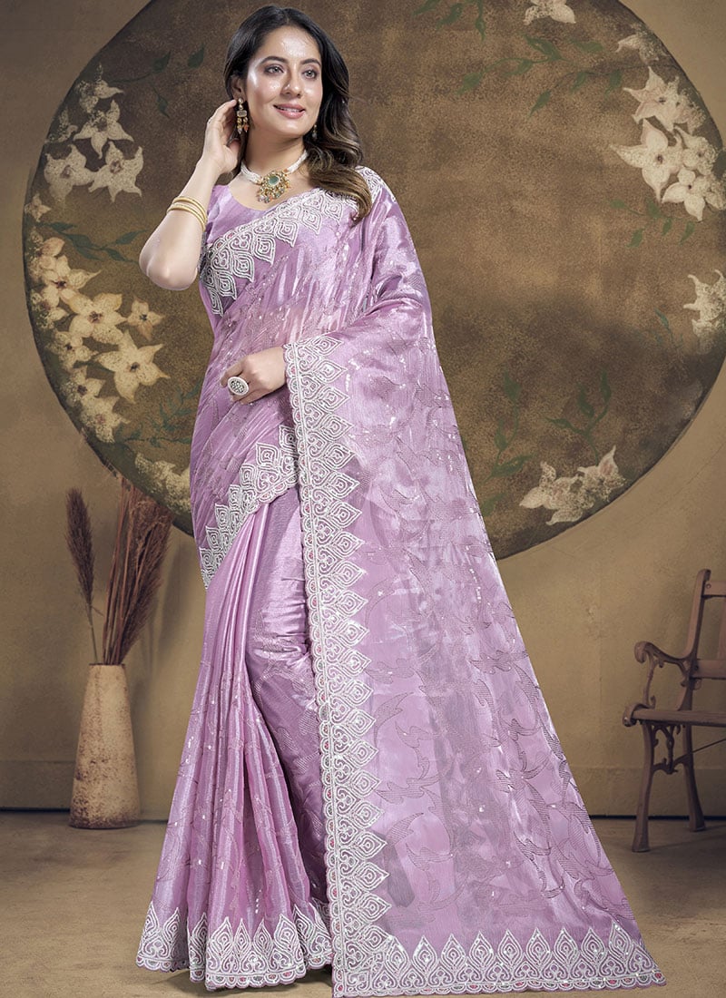 Lavender Sequins Embroidered Organza Silk Saree Party Wear