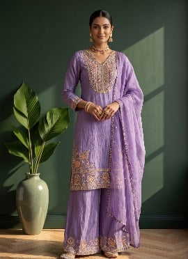Lavender Sequins Embroidered Silk Palazzo Suit