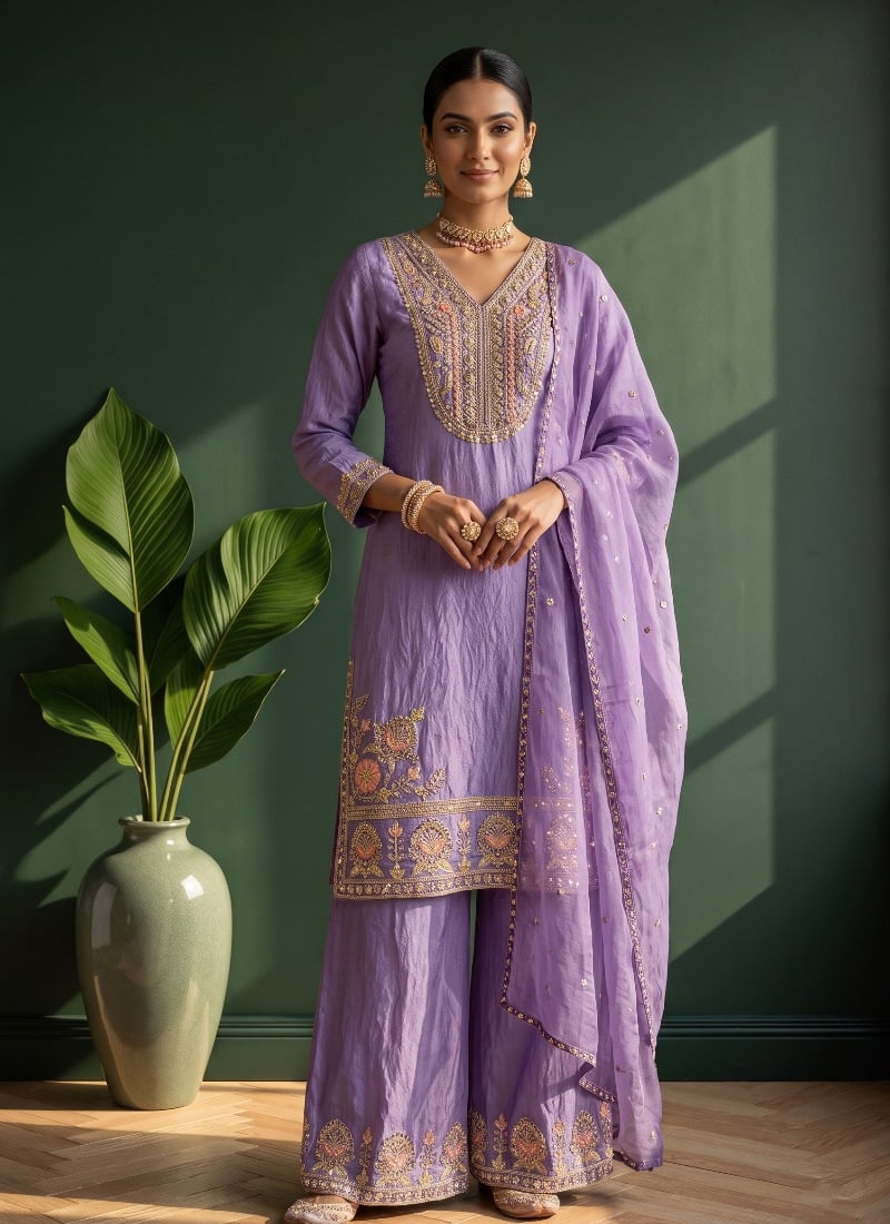 Lavender Sequins Embroidered Silk Palazzo Suit After Six Wear