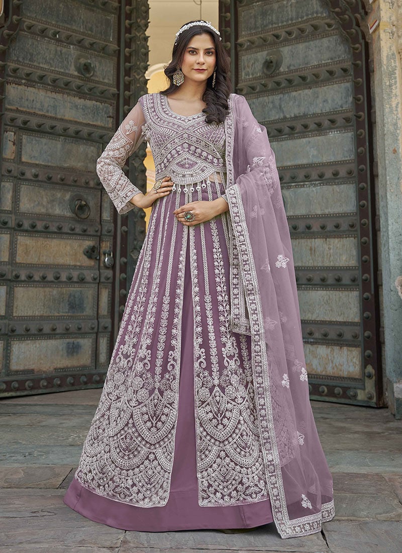 Lavender Shantoon Stones Embroidered A Line Lehenga Wedding Wear