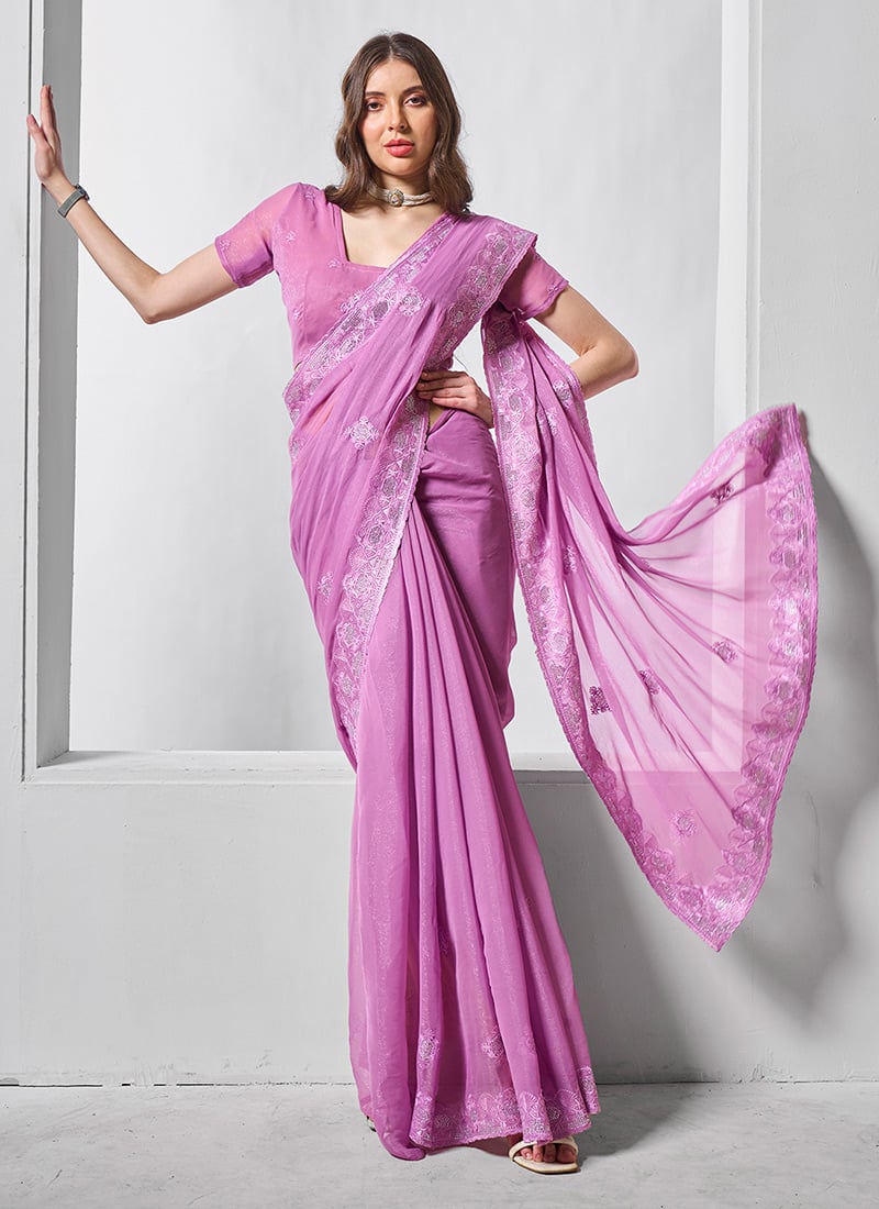 Lavender Shimmer Chiffon Embroidered Stone Work Saree