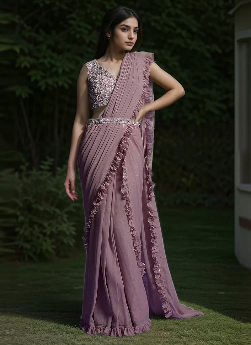 Lavender Shimmer Georgette Sequins And Beads Hand Embroidered Saree Wedding Wear-SASCCRM202524
