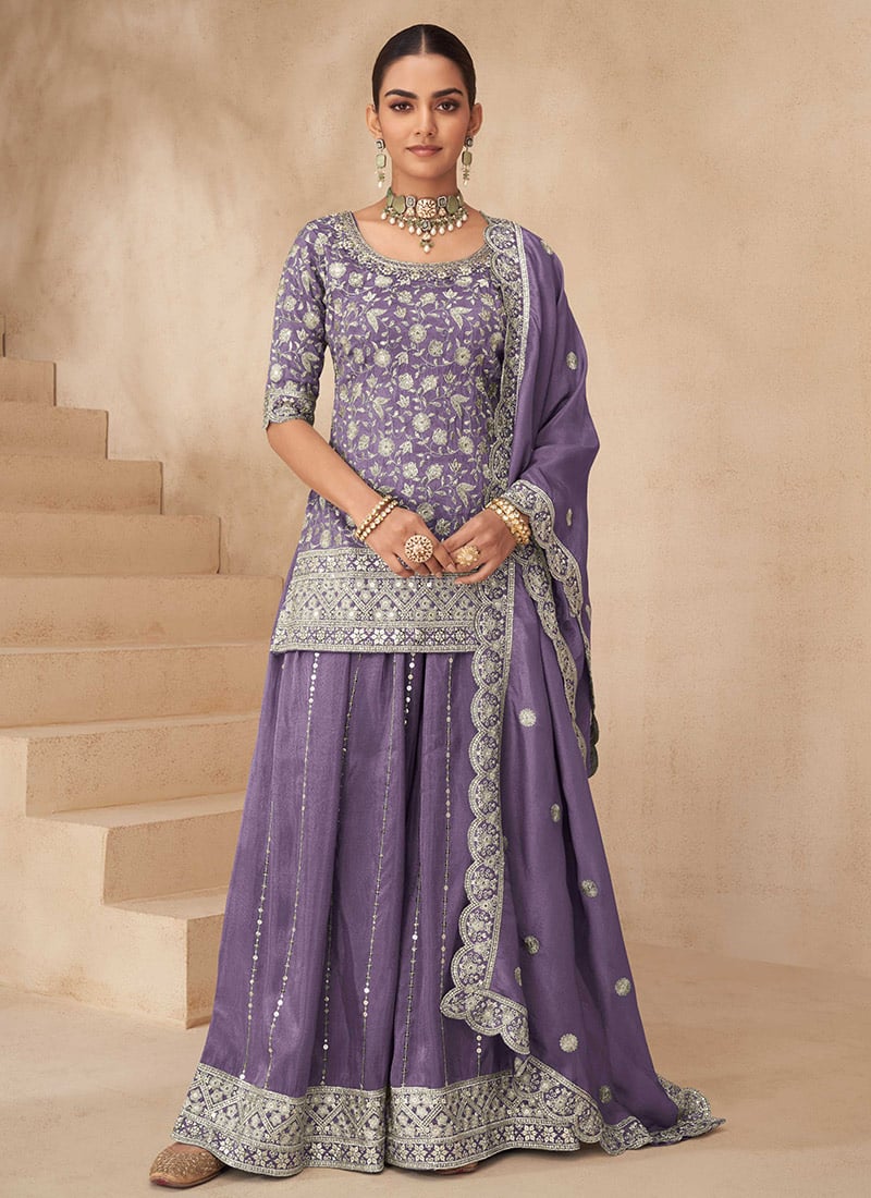 Lavender Shimmer Silk Embroidered Sequins Zari Beads Palazzo Suit Festive Wear