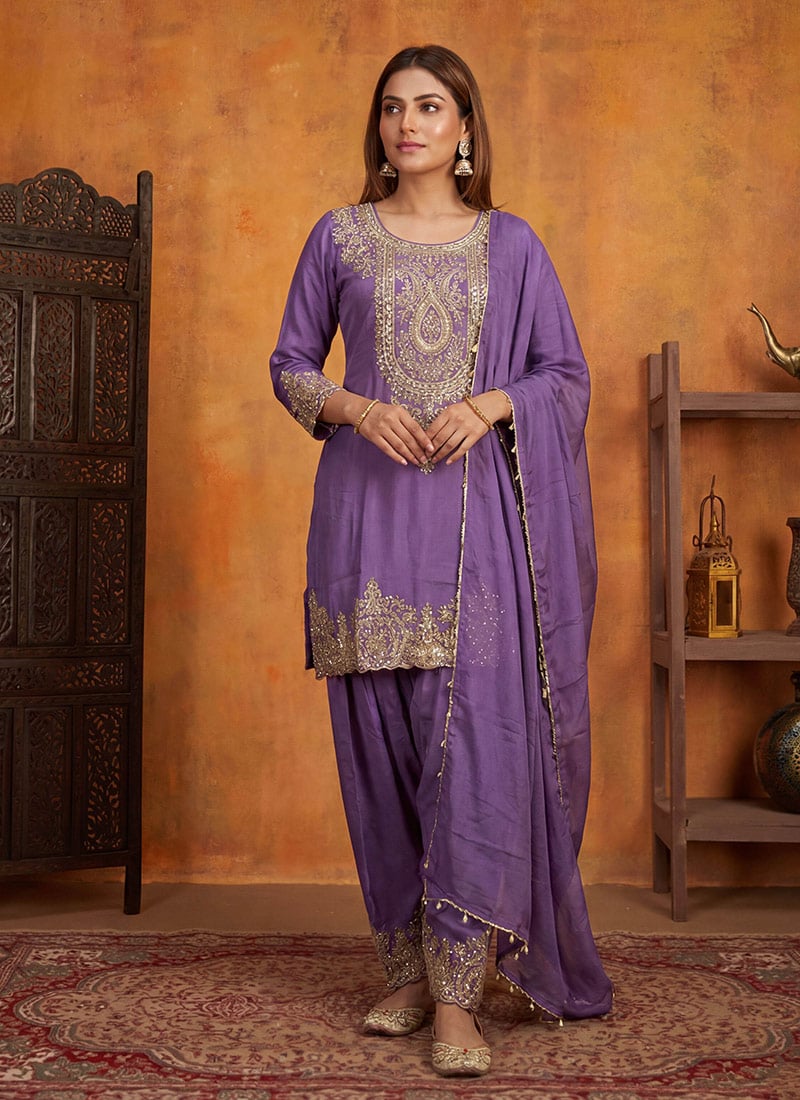 Lavender Shimmer Tissue Embroidered Palazzo Suit Festive Wear