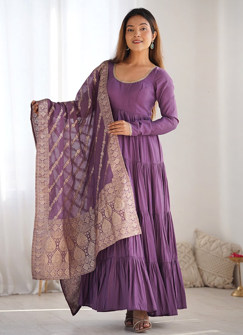Lavender Silk Anarkali Suit With Banarasi Jacquard Dupatta