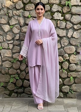 Lavender Silk Beads Stones Hand Embroidered Farshi Style Salwar Suit