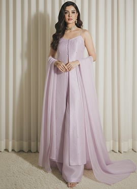 Lavender Silk Beads Work High Slit Anarkali Suit