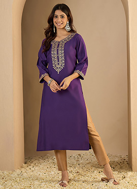 Lavender Silk Blend Embroidered Long Kurti