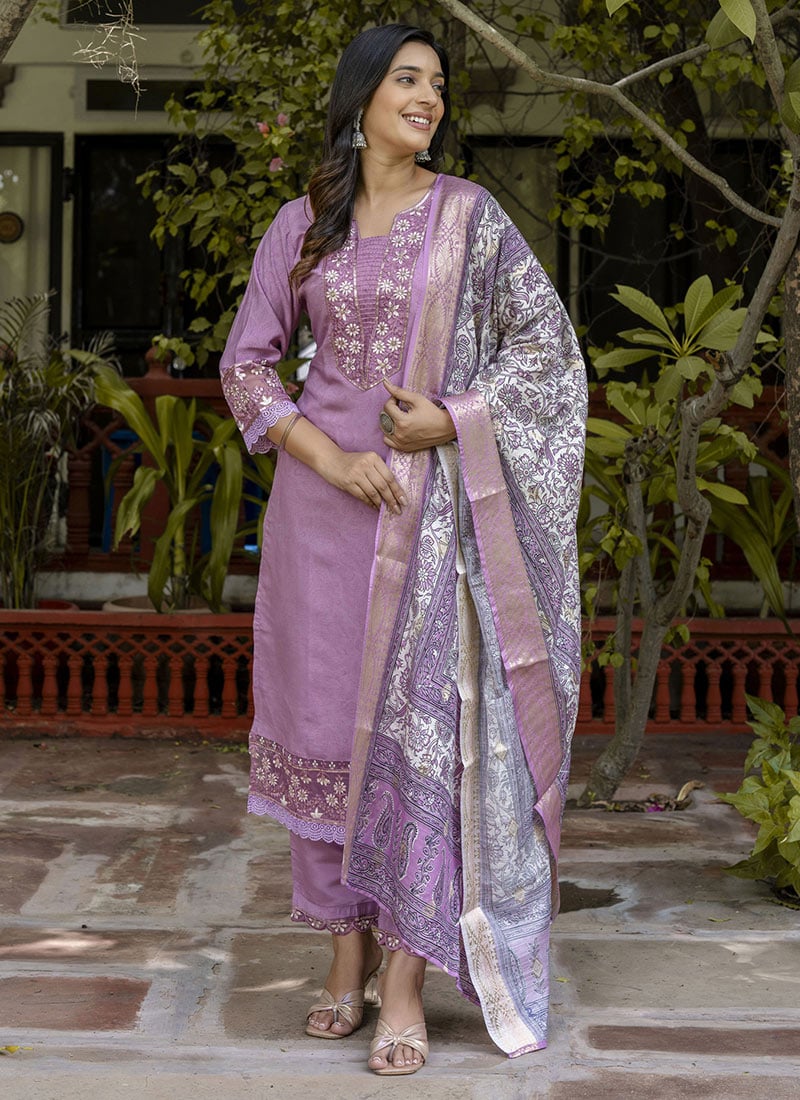 Lavender Silk Blend Zari Embroidered Sequins Digital Print Straight Pant Suit Festive Wear